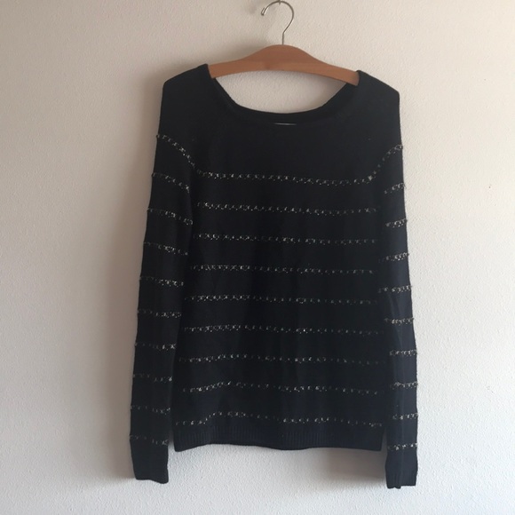 Loft Black Boatneck Sweater W/ Gold Stripe - Picture 1 of 7
